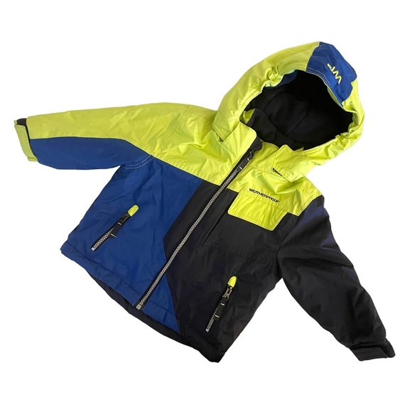 Weatherproof kids toddler jacket sz 2T neon green and blues removable hood - Picture 1 of 15
